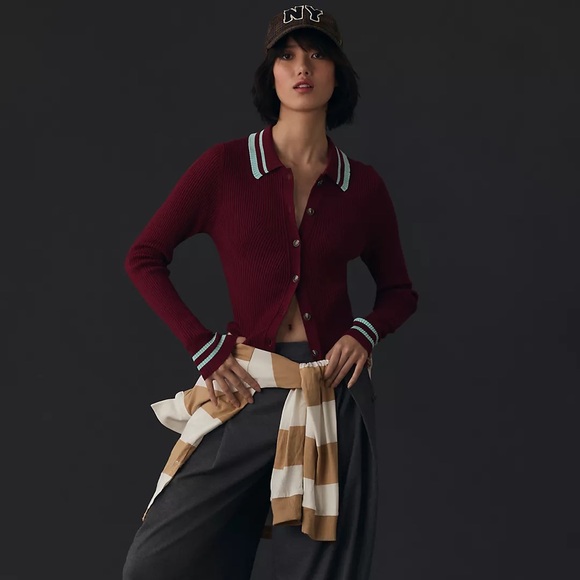 ANTHRO MAEVE Plunging Long-Sleeve Polo Cardigan Burgundy Baby Blue Ribbed Small - Picture 3 of 17